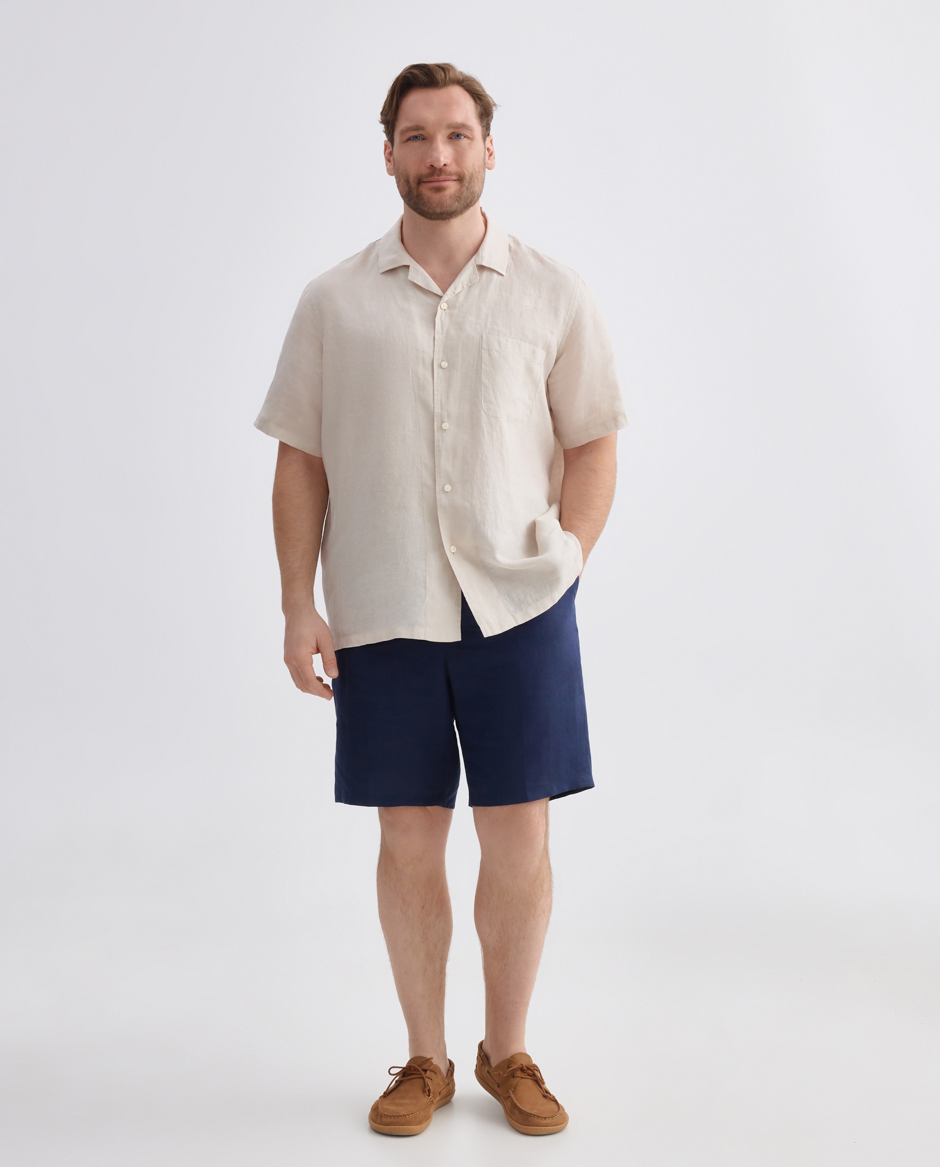 Camisa de Linho com Manga Curta Tamanhos Grandes Azul-2