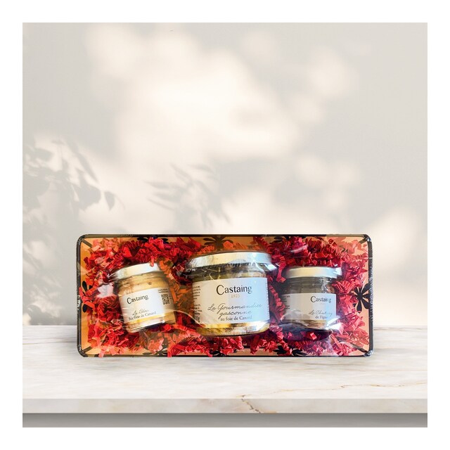 Imagen 0 de Cesta con 3 blocs de foie gras de pato, chutney de higos y paté de pato Castaing