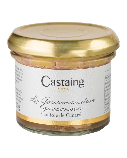Cesta con 3 blocs de foie gras de pato, chutney de higos y paté de pato Castaing 2