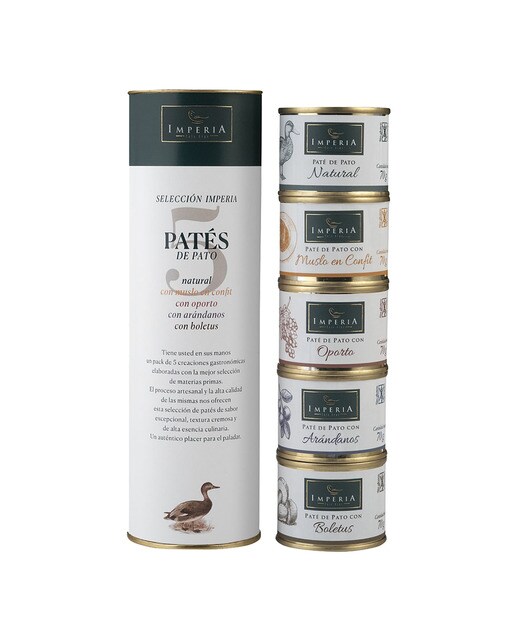 Estuche con 5 variedades de paté de pato surtido natural, Oporto, arándanos, boletus y muslo en confí Imperia 1