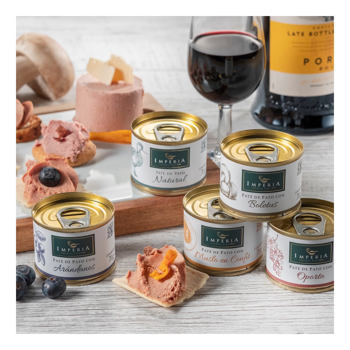 Estuche con 5 variedades de paté de pato surtido natural, Oporto, arándanos, boletus y muslo en confí Imperia 3