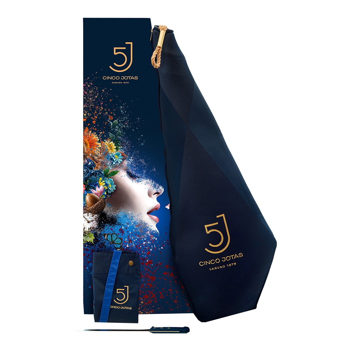 Estuche con jamón de bellota 100% ibérico Cinco Jotas + cuchillo + delantal 1