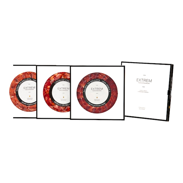 Imagen 0 de Cofre Tripack Ibérico con 3 sobres: paleta, chorizo y lomo de bellota 100% Ibérico Extrem Puro Extremadura