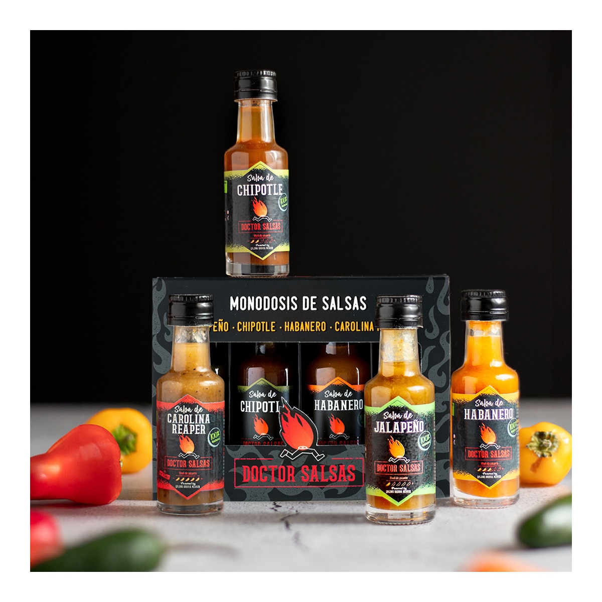 Imagen 2 de DOCTOR SALSAS monodosis de salsas picantes jalapeño, chipotle, habanero y carolina reaper 4x20 ml estuche 80 ml