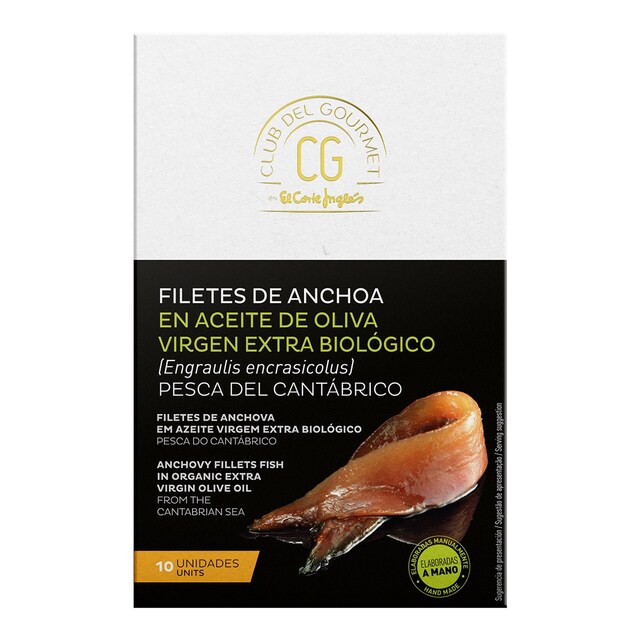 Filetes de anchoa del Cantábrico en aceite de oliva extra biológico 10 piezas Club del Gourmet