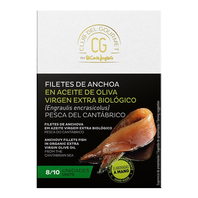 Filetes de anchoa del Cantábrico en aceite de oliva virgen extra biológico Club del Gourmet