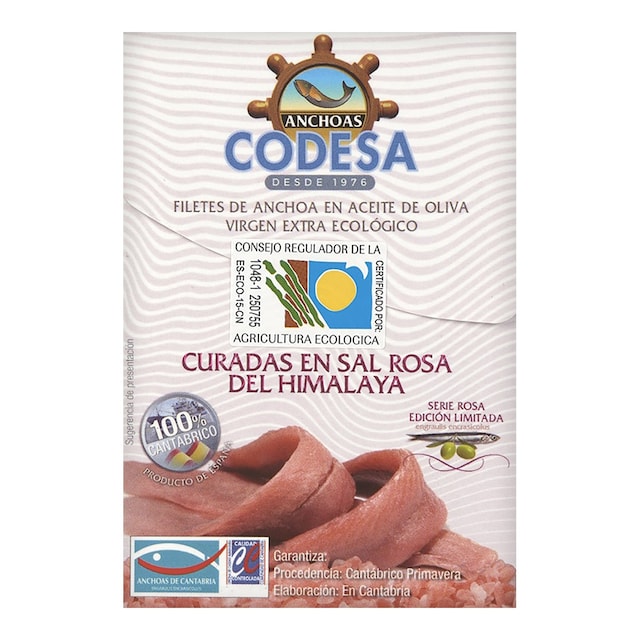 Filetes de anchoa en aceite de oliva virgen extra ecológico curadas en sal rosa del Himalaya Codesa