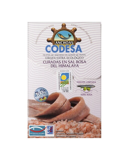 Imagen 0 de Filetes de anchoa en aceite de oliva virgen extra ecológico curadas en sal rosa del Himalaya Codesa