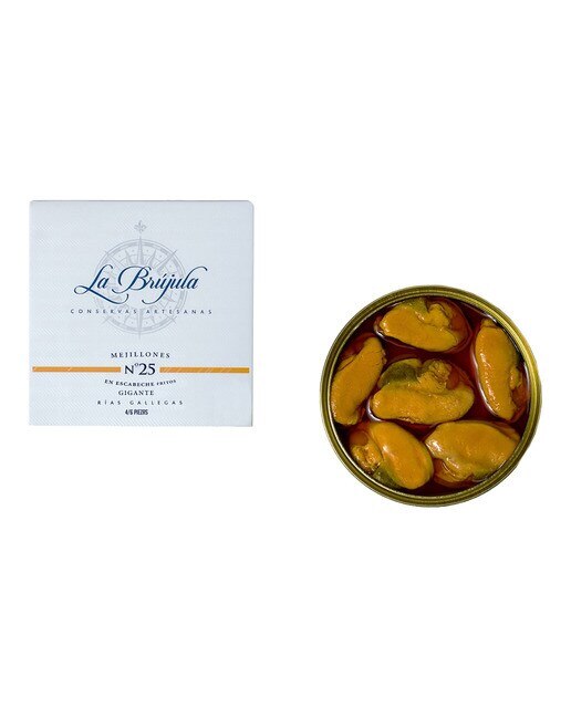 Imagen 0 de Mejillones fritos en aceite de oliva en escabeche nº 25 4/6 piezas gigantes La Brújula