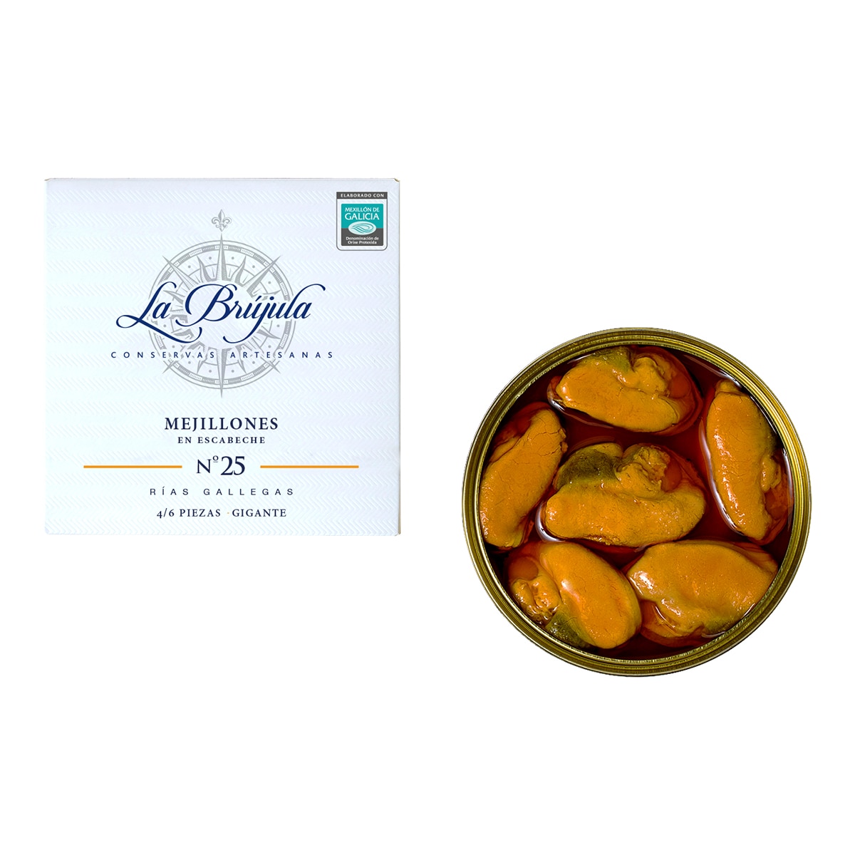 Imagen 0 de Mejillones fritos en aceite de oliva en escabeche nº 25 4/6 piezas gigantes La Brújula