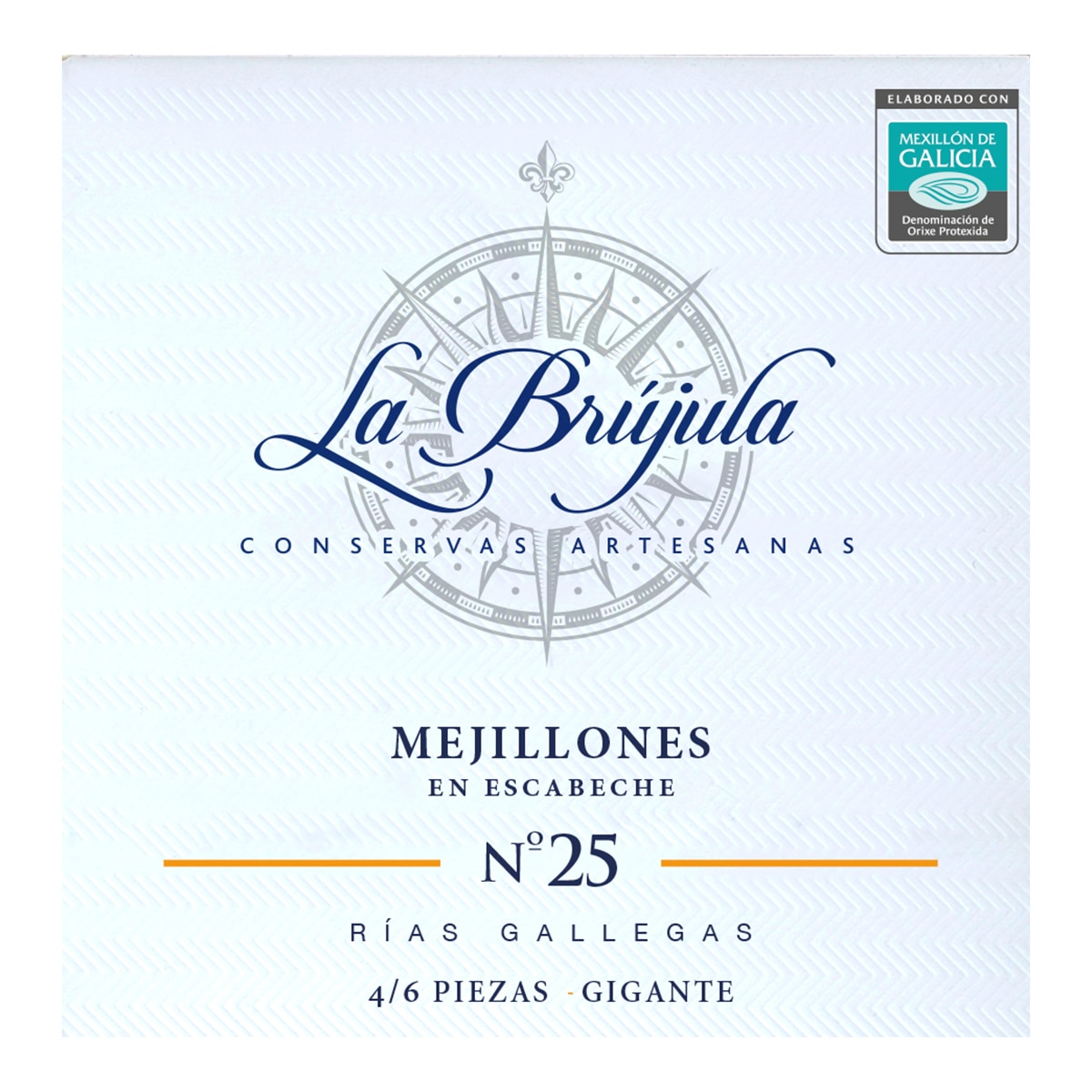 Imagen 2 de Mejillones fritos en aceite de oliva en escabeche nº 25 4/6 piezas gigantes La Brújula