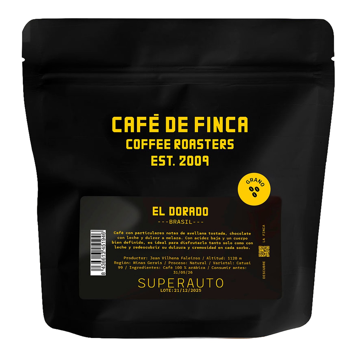Imagen 0 de CAFE DE FINCA café tostado en grano de Brasil El Dorado superauto bolsa 250 g