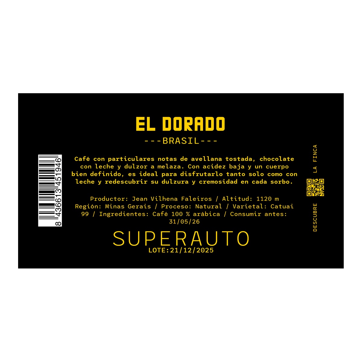CAFE DE FINCA café tostado en grano de Brasil El Dorado superauto bolsa 250 g 2