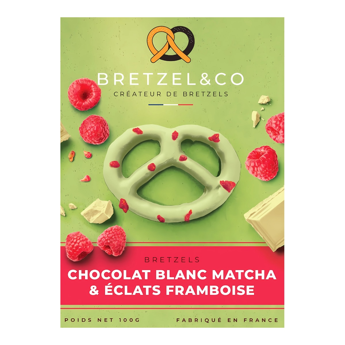 Imagen 1 de Pretzel de chocolate blanco con matcha y frambuesas Bretzel&Co