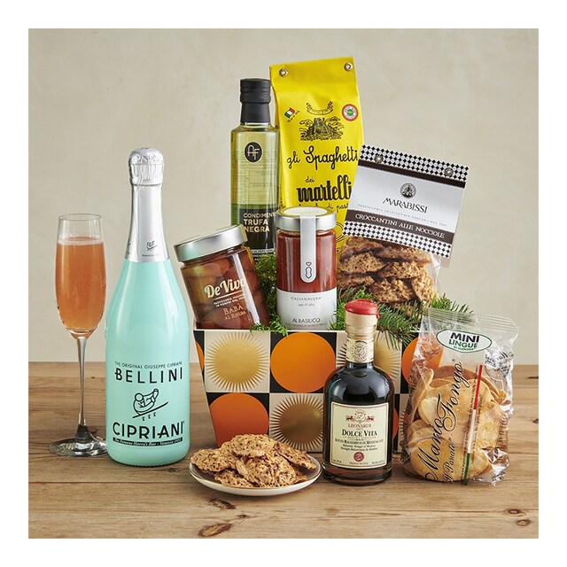 CESTA ITALIA - Cóctel Bellini, pasta y vinagre de Módena