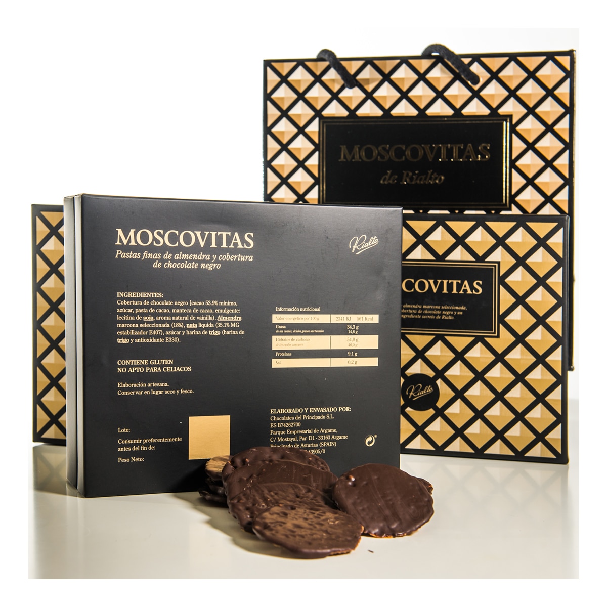 Imagen 2 de Pastas finas de almendra y cobertura de chocolate negro Moscovitas Rialto