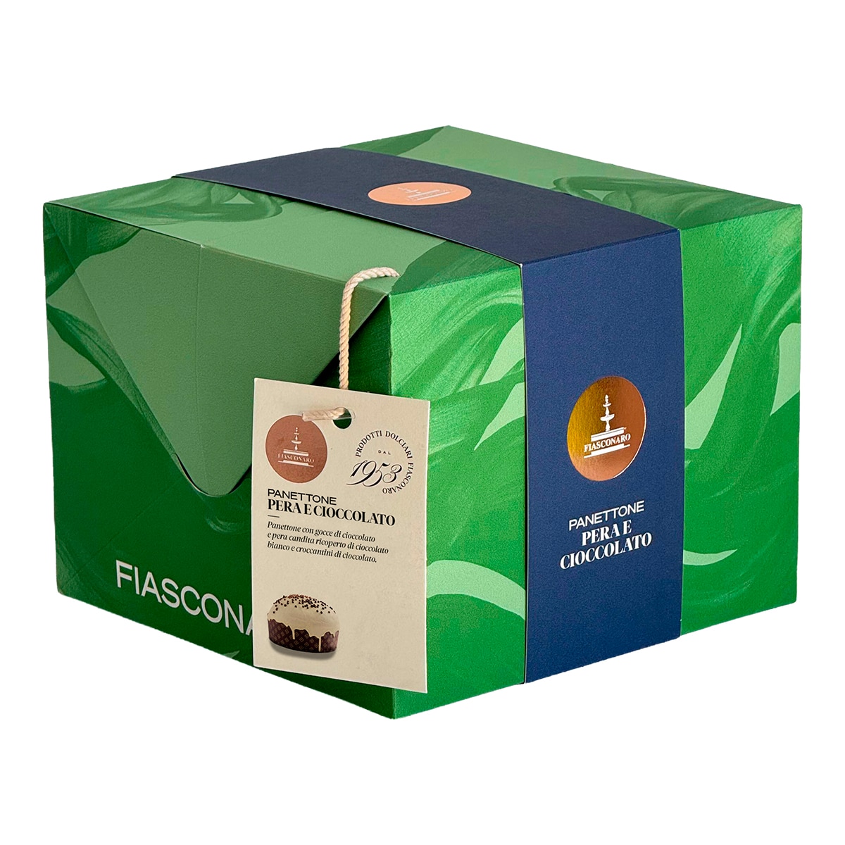 Imagen 1 de Panettone con pera confitada, gotas de chocolate, cubierto con chocolate blanco y chips de chocolate siciliano Fiasconaro