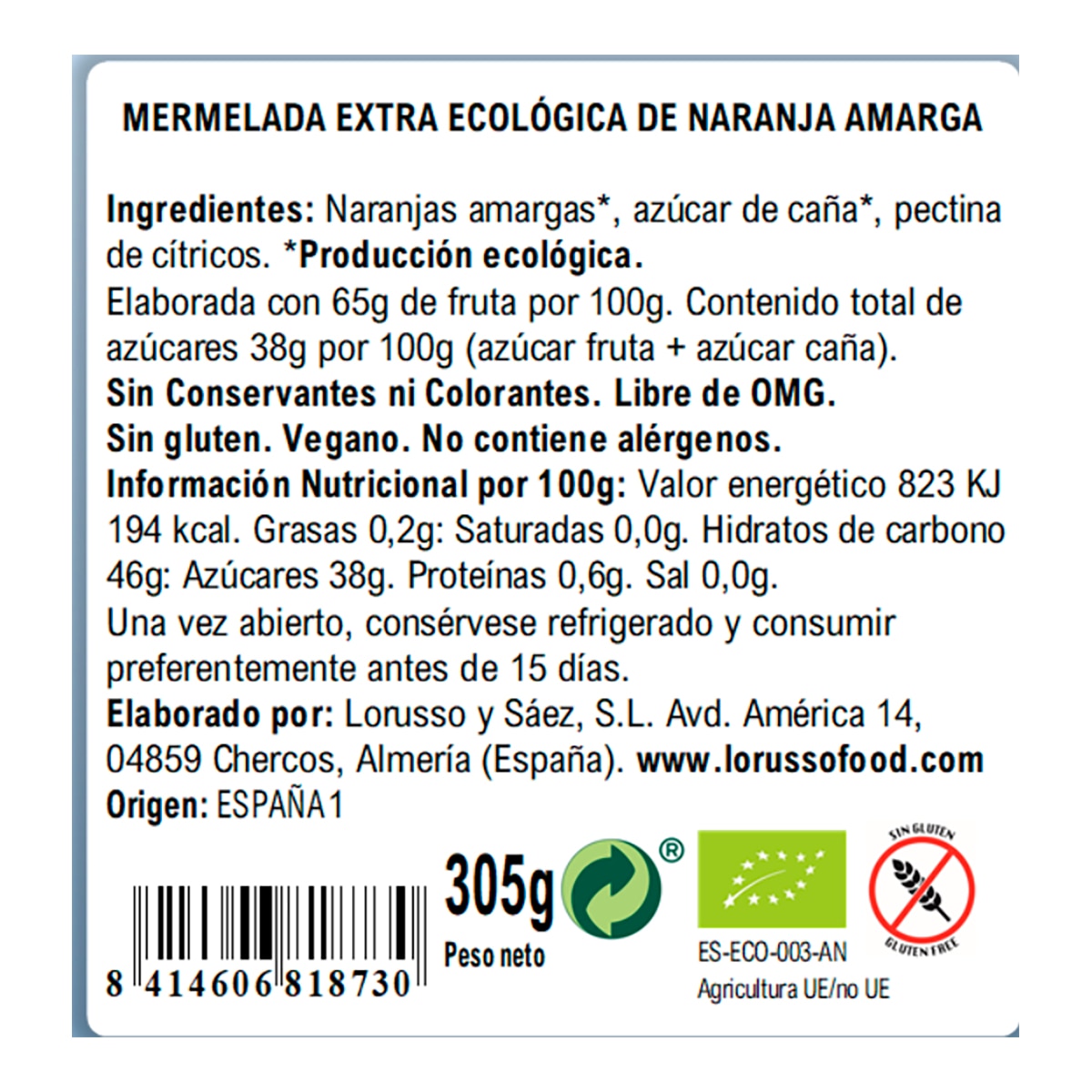 Mermelada extra ecológica de naranja amarga Lorusso 2