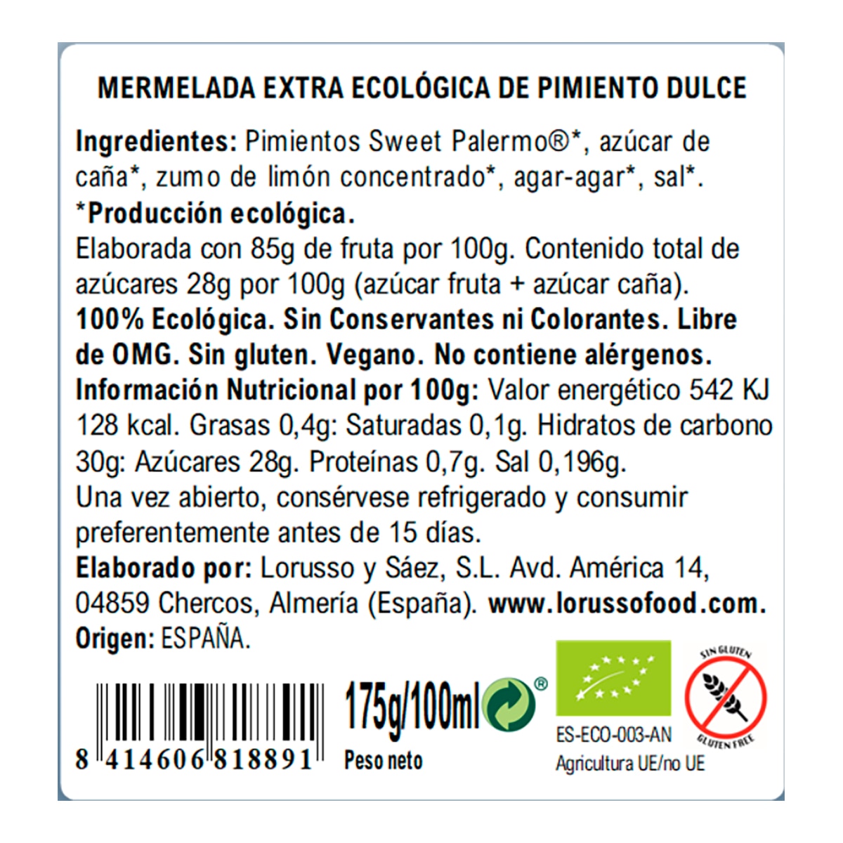 Imagen 2 de Mermelada extra ecológica de pimiento dulce Lorusso