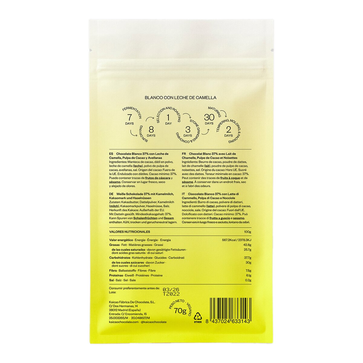 Tableta Chocolate blanco 35% manteca de cacao, leche de camella, avellanas y sal Kaicao 2
