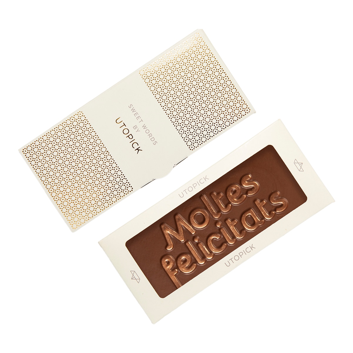 Tableta de chocolate con leche y mensaje "Moltes felicitats" Utopick 1