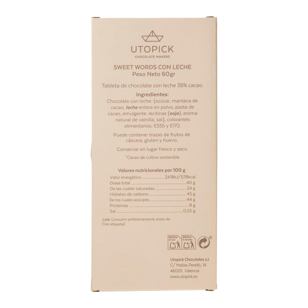 Tableta de chocolate con leche y mensaje "Moltes felicitats" Utopick 2