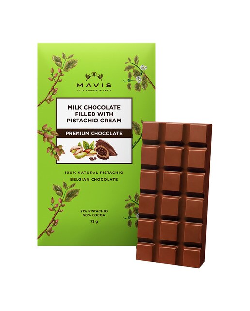 Tableta de chocolate Premium con leche rellena de crema de pistacho Mavis 1