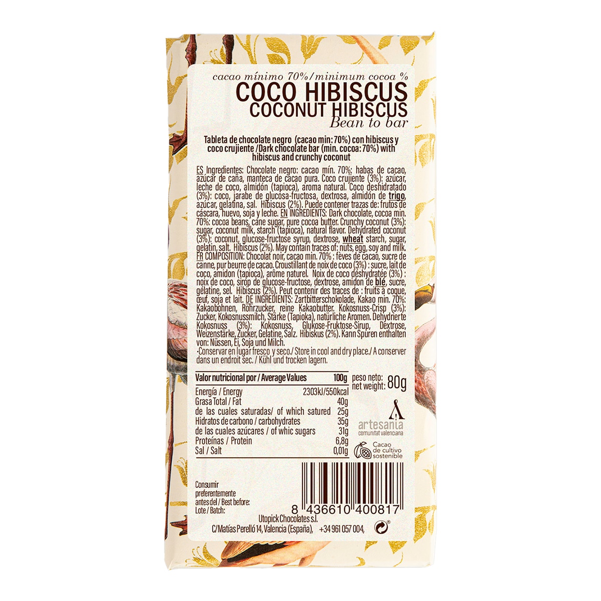 Tableta de chocolate negro 70% Coco Hibiscus Bean to Bar Utopick 2