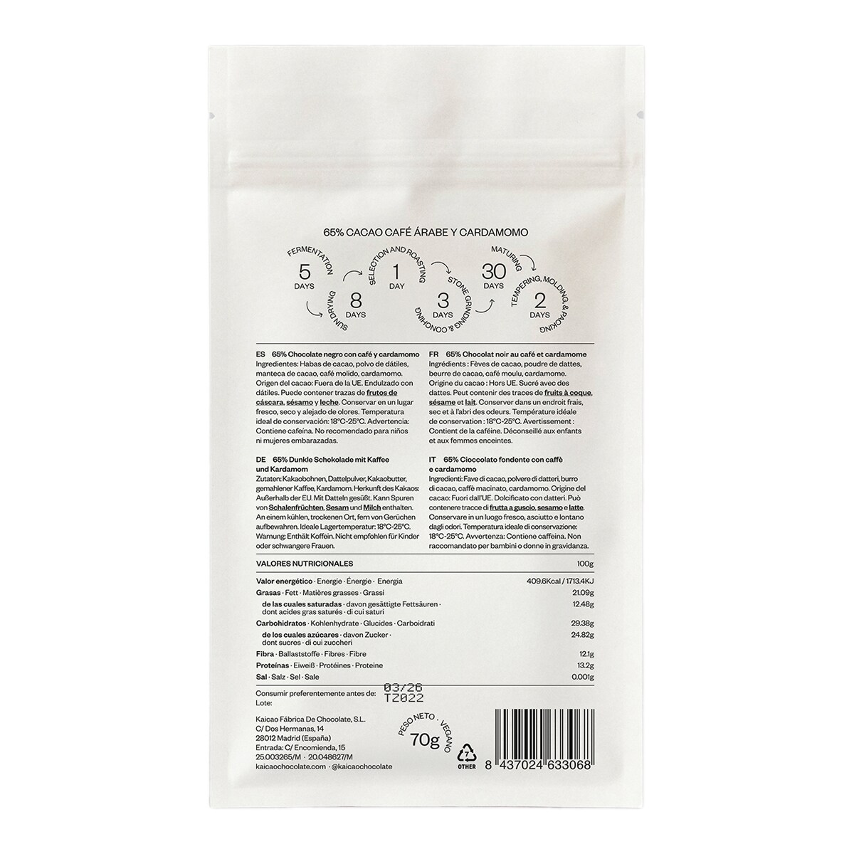 Tableta Chocolate Negro 65%, con café arábico y cardamomo Kaicao 2