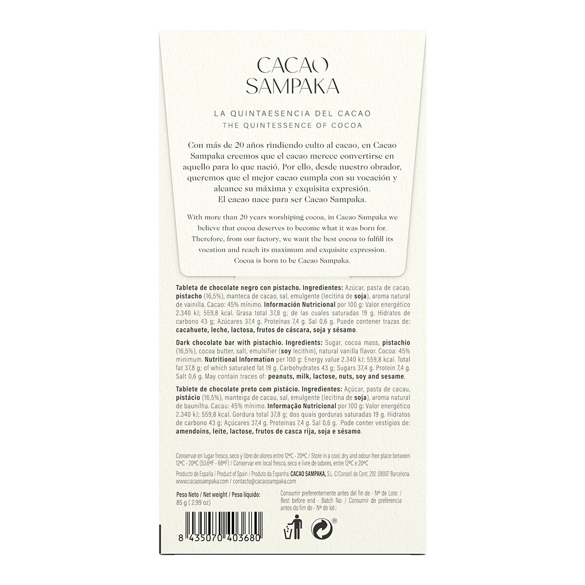 Tableta chocolate negro y pistacho con toque de sal Cacao Sampaka 2