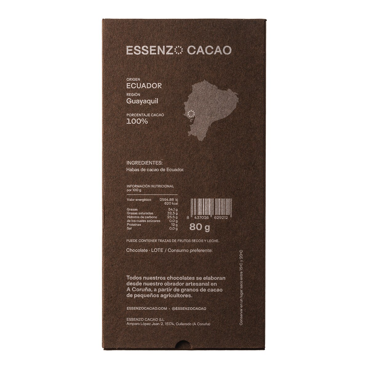 Tableta de chocolate Perla 100% cacao Essenzo Cacao 2
