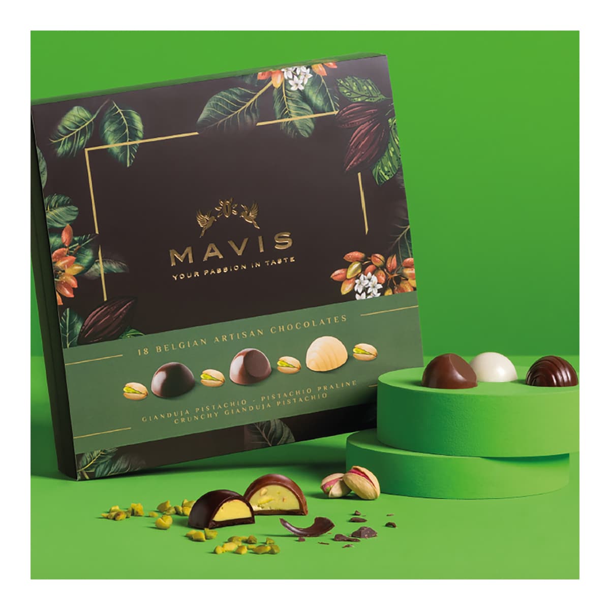 Bombones belgas de chocolate con pistacho Mavis 18 piezas 5