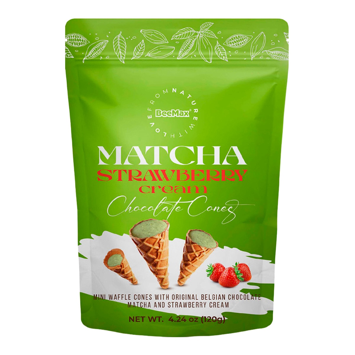 Imagen 0 de Conos de barquillo rellenos de crema de fresa y Matcha Beemax