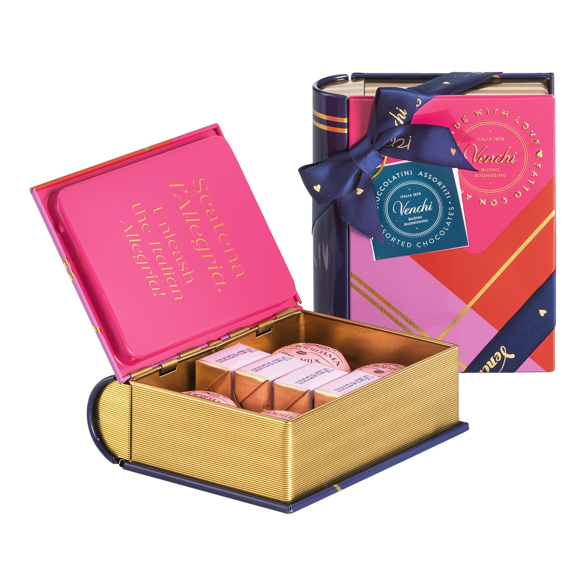 Imagen 0 de Mini libro metálico con bombones surtidos Venchi 8 piezas