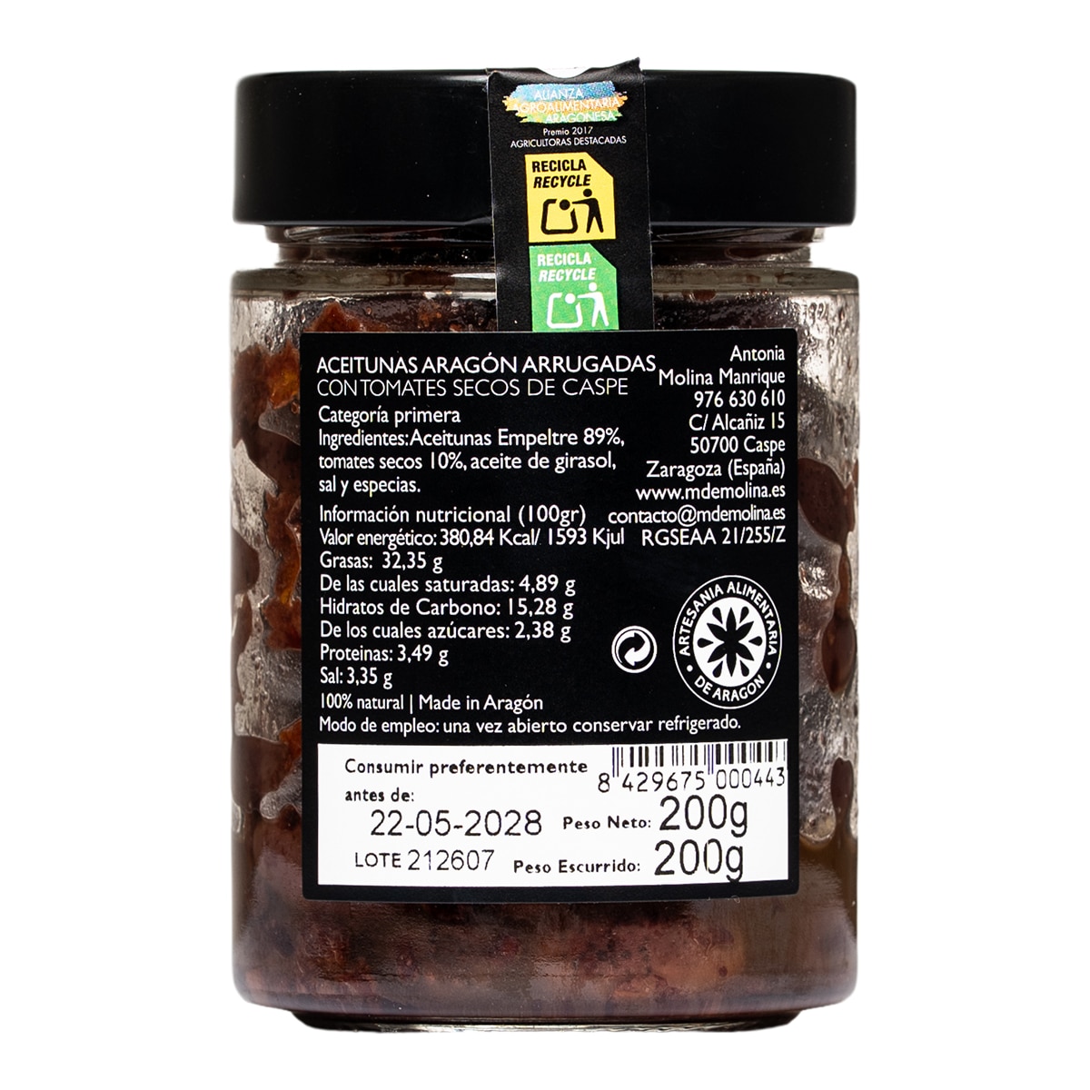 Aceitunas de Aragón arrugadas con tomates secos de Caspe De Molina 2