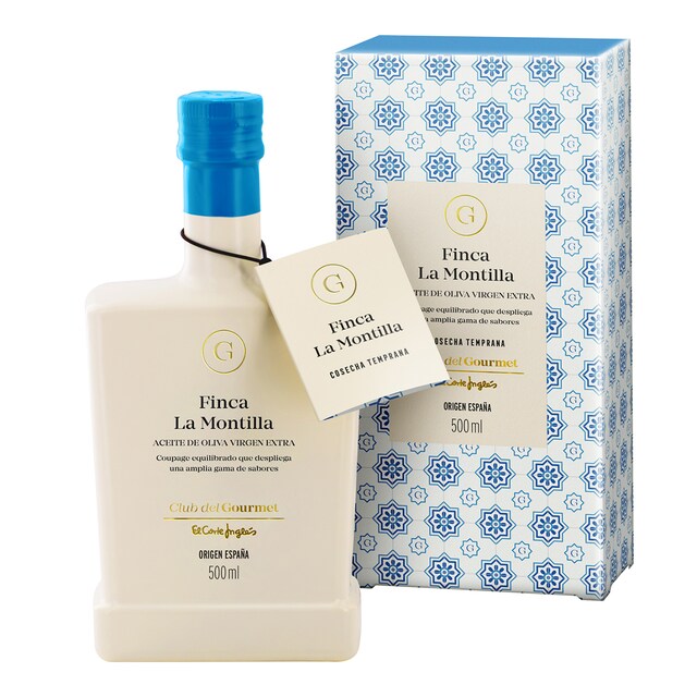 Estuche aceite de oliva virgen extra coupage Finca La Montilla cosecha temprana Club del Gourmet