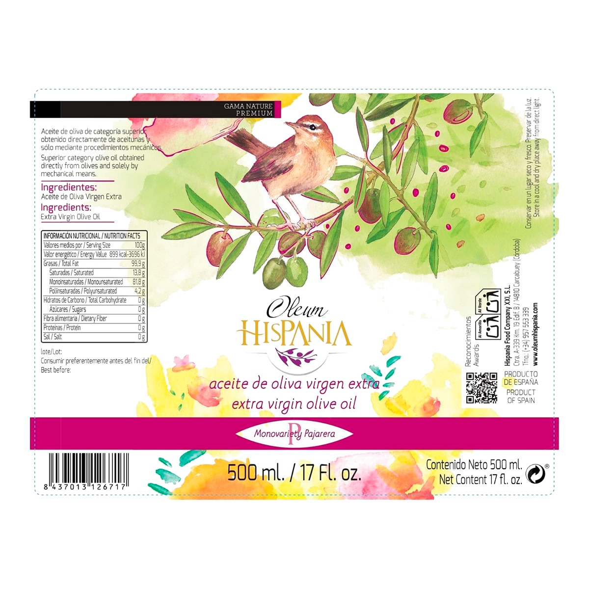 Aceite de oliva virgen extra Premium variedad pajarera Oleum Hispania 6