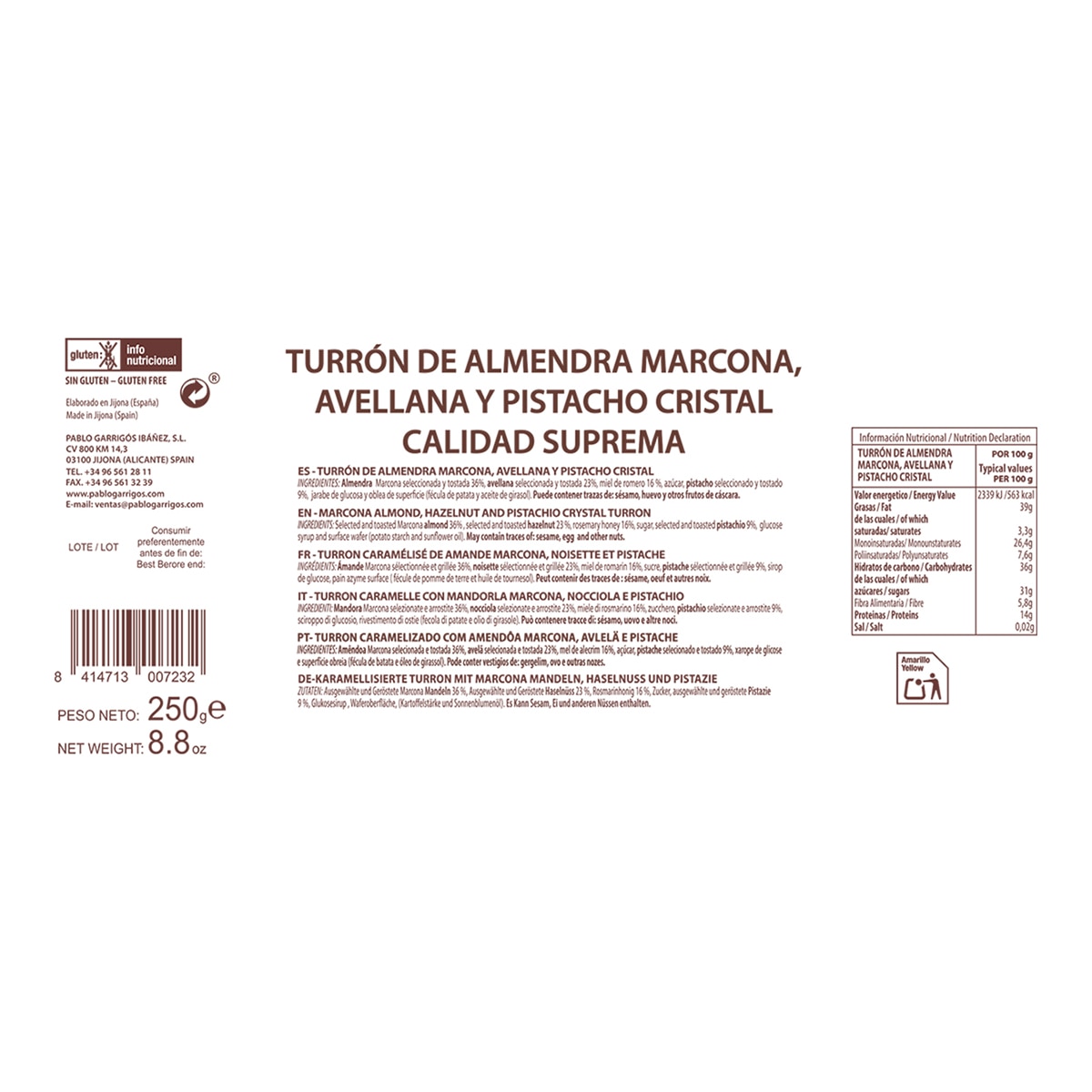 Turrón de almendra Marcona, avellana y pistacho cristal Premium Pablo Garrigós Ibáñez 2