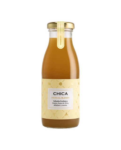 Bebida ecológica infusionada de limón, hojas de olivo, albahaca y menta, sin gluten, Chica 1