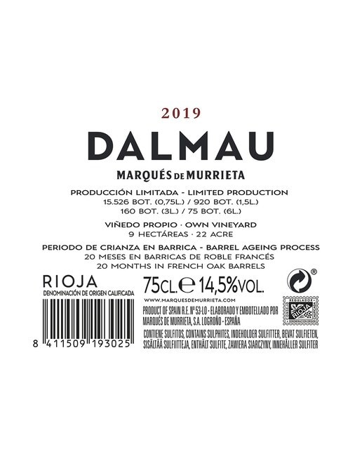 Estuche vino tinto Dalmau Reserva 2019 Rioja 2
