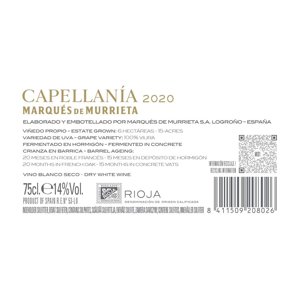 Imagen 2 de Estuche vino blanco Capellanía Gran Reserva Marqués de Murrieta Viura (Macabeo) 2020 Rioja