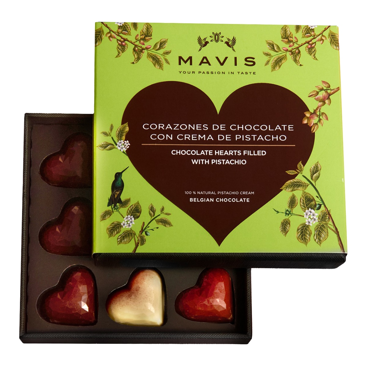 Bombones de chocolate belga rellenos de crema de pistacho Mavis 9 piezas 2