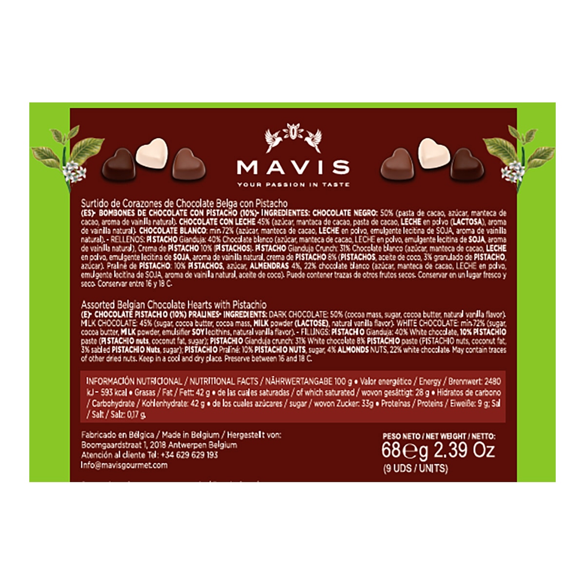 Bombones de chocolate belga rellenos de crema de pistacho Mavis 9 piezas 3
