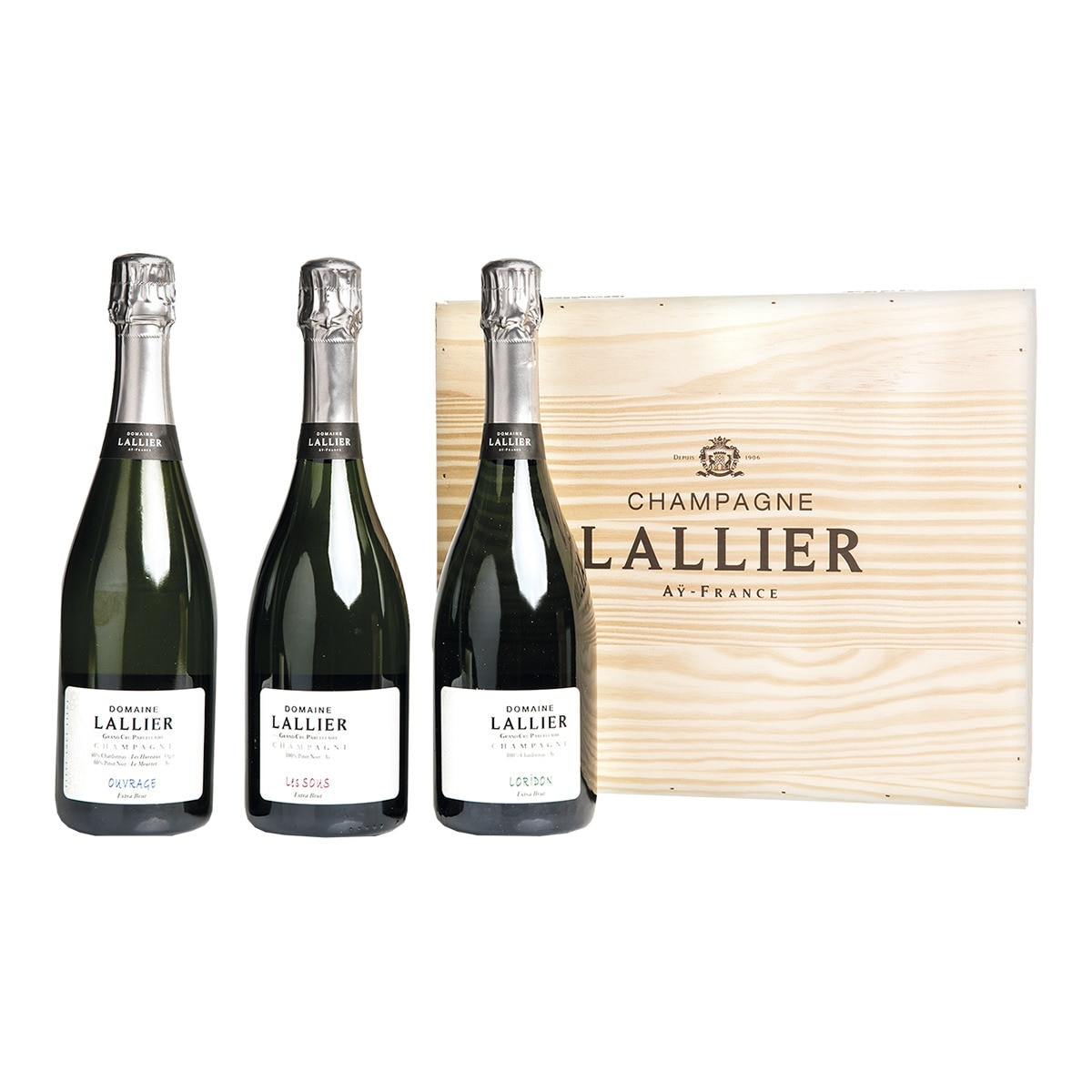 Imagen 0 de Estuche 3 botellas champagnes parcelarios Lallier Cuvées Ouvragre, Lorídon y Les Sous