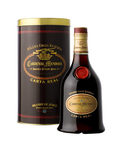 Estuche brandy solera Gran Reserva Cardenal Mendoza Carta Real Jerez 1