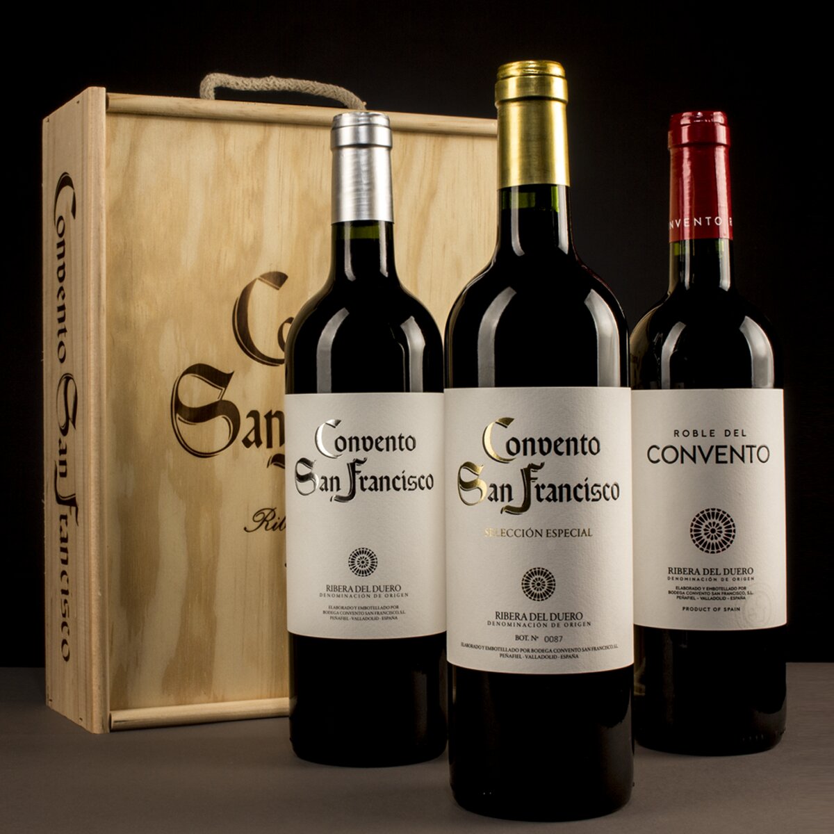 Estuche colección vino tinto Selección Especial 2016, Crianza 2018 y Roble Convento San Francisco 2020 Ribera del Duero 3