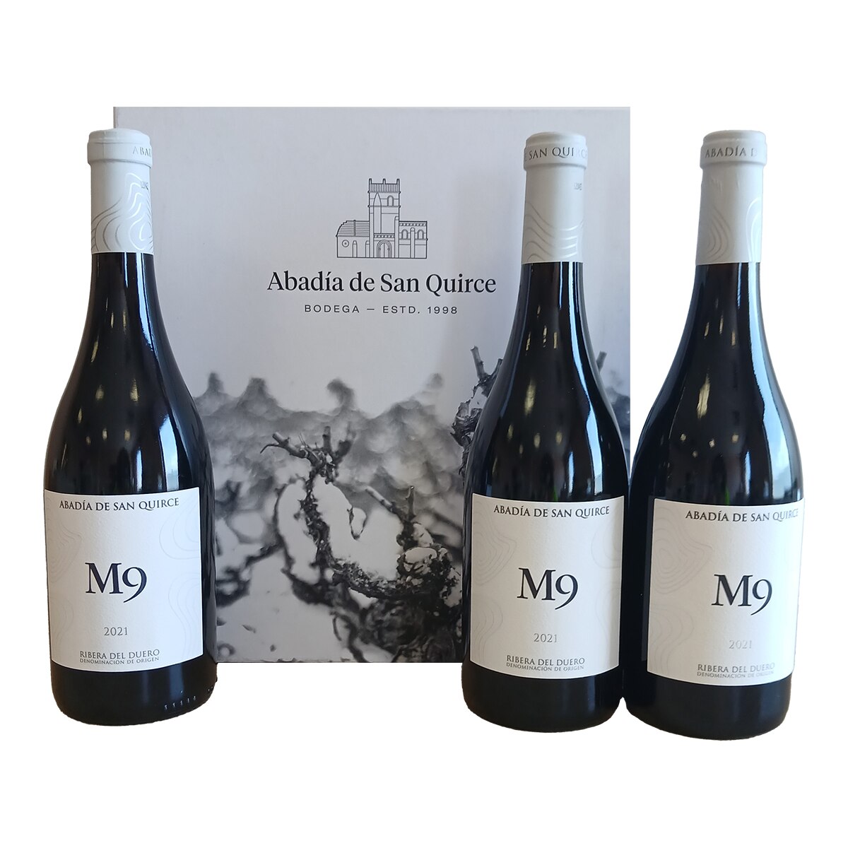 Imagen 0 de Estuche tres botellas vino tinto M9 Abadía San Quirce tempranillo 2022 Ribera del Duero