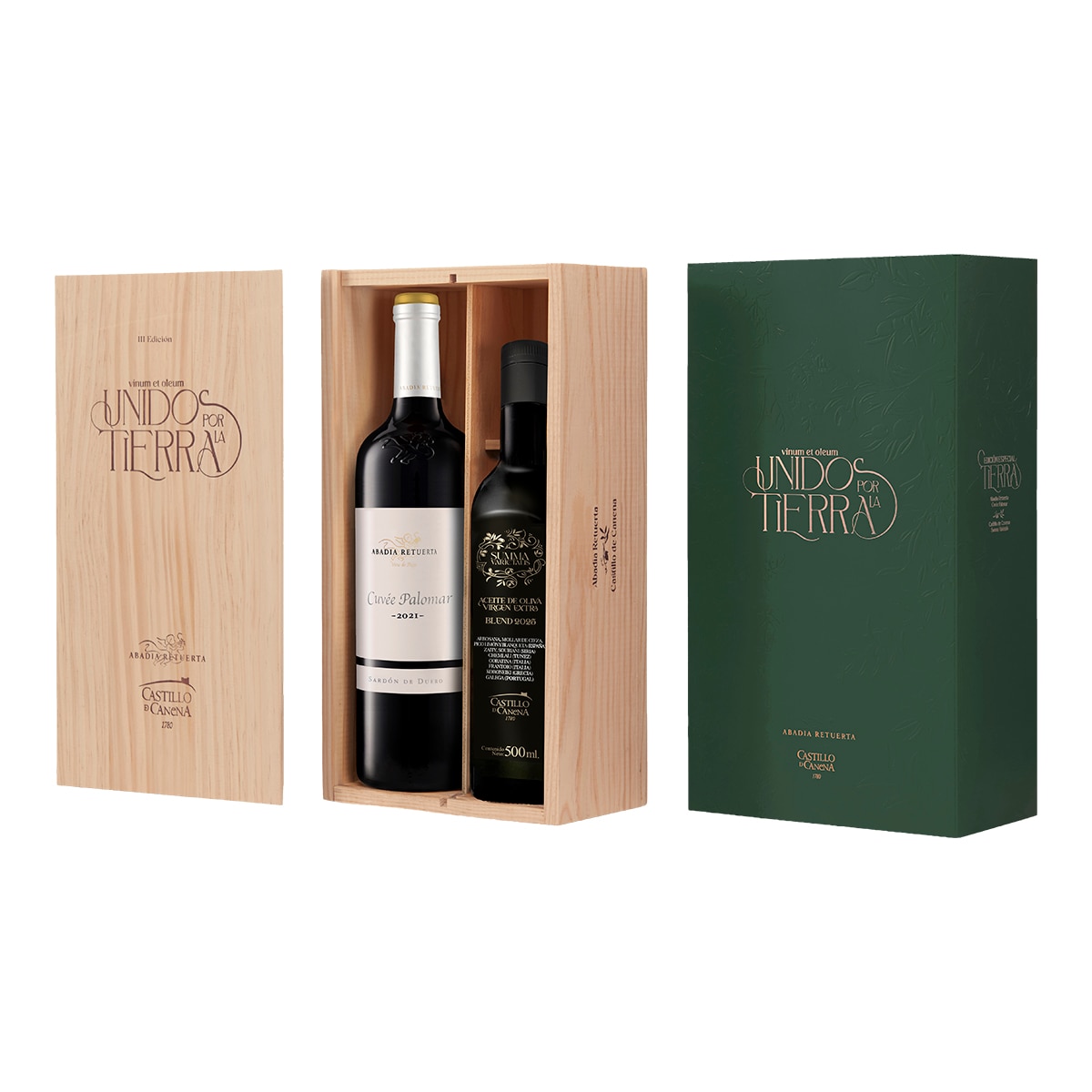 Imagen 0 de Estuche Unidos por la Tierra vino tinto Cuvée Palomar 2021 Abadia Retuerta y AOVE Summa Varietalis 2025 Castillo de Canenay