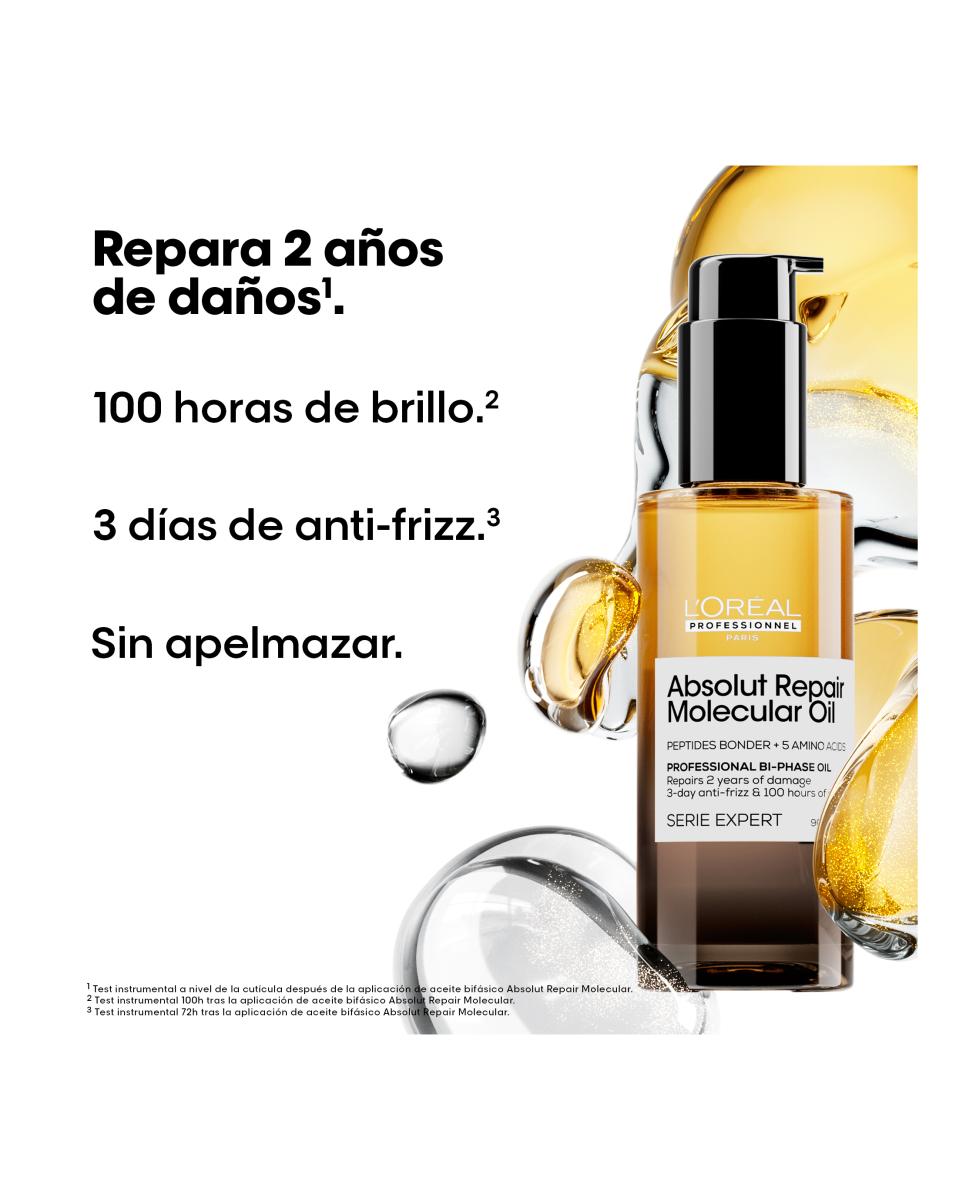 L’Oréal Professionnel Aceite Bifásico Reparador_ 100 Horas de Brillo_ Antifrizz_ Protector Térmico_ Sin Aclarado_ para Cabello Dañado_ Absolut Repair Molecular_ 90ml 2