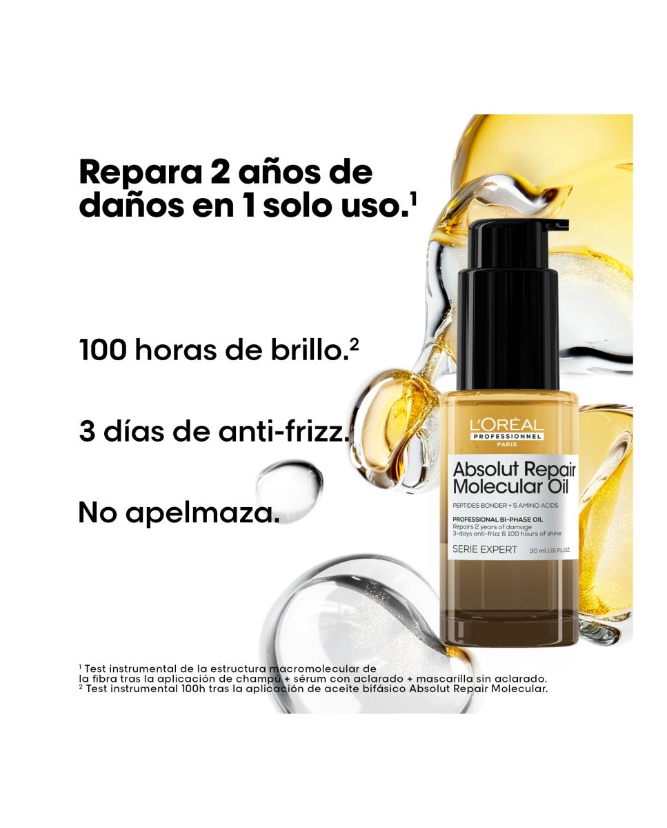 L’Oréal Professionnel Aceite Bifásico Reparador_ 100 Horas Brillo_ Antifrizz_ Protector Térmico_Sin Aclarado_ Cabello Dañado_ Absolut Repair Molecular_ MINI 30ml 2